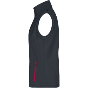 A dark grey softshell vest with a red zip pocket, featuring a sleeveless design and a high collar.
