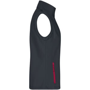 A dark grey softshell vest with a red zippered pocket, featuring no sleeves and a high collar.