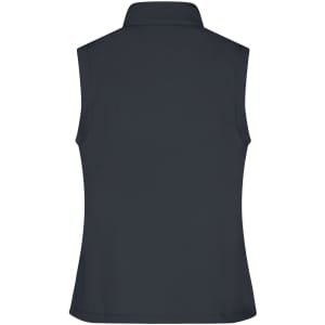 A dark grey ladies softshell vest featuring a high collar and no sleeves. Includes a logo on the back.