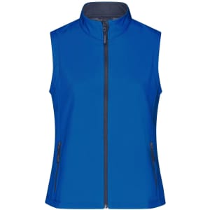 A blue ladies softshell vest with a zip front and side pockets, featuring a logo on the chest.