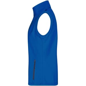 A blue ladies softshell vest with a sleeveless design and a zippered pocket on the side.