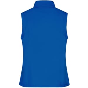 A sleeveless softshell vest in bright blue with a collar and a logo on the back.
