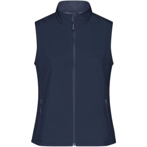 A navy blue ladies softshell vest with a front zip and zippered pockets, featuring a small logo on the design.