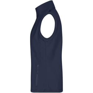 A navy softshell vest with no sleeves and a zip pocket on the side, featuring a logo.