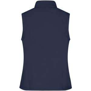 A navy softshell vest with a collar and no sleeves, featuring a logo. Simple and versatile design.