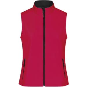 A softshell vest in bright red with a zip front and black accents, featuring two zippered side pockets.