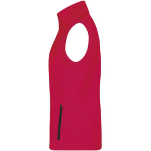 A red ladies softshell vest featuring a high collar and a side zip pocket, with a logo displayed.