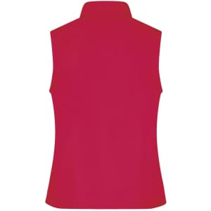 A red ladies softshell vest featuring a collar and no sleeves, with a branding logo on the back.