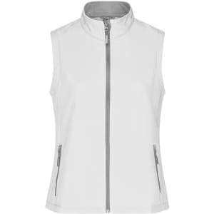 A white ladies softshell vest with a zip front and two side pockets, featuring a subtle logo.