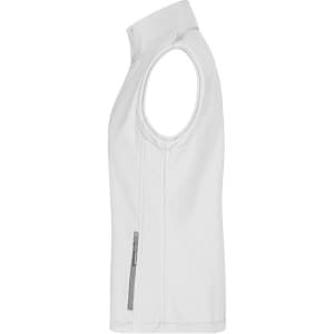 A white softshell vest with a high collar and an external zip pocket on the side, featuring a logo.
