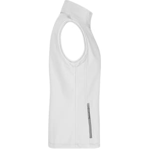 A white ladies softshell vest featuring a high collar and a zippered pocket. It has a logo on the design.
