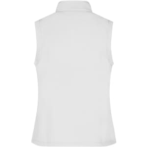A white ladies' softshell vest featuring a collared neck and no sleeves, with a logo on the back.