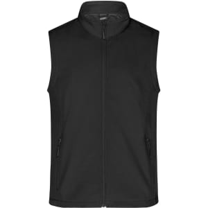 A black softshell vest featuring a zip closure and side pockets, with a logo on the chest area.