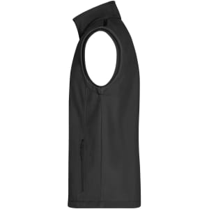 A black men's softshell vest with a high collar and a side zip pocket, featuring branding.