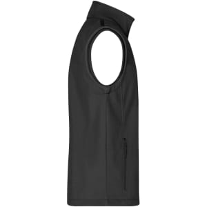 A black men's softshell vest featuring a high collar and a side zip pocket. It has a logo on the fabric.