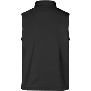 A black men's softshell vest featuring a collar and a plain design with a logo on the back.