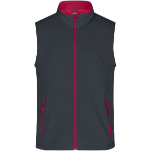 A softshell vest in navy blue with a pink interior and zippered front pockets. Features a logo on the chest.