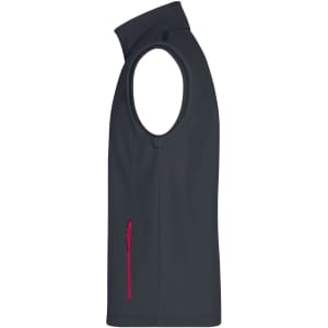 A softshell vest in dark grey with a red zipper, featuring no sleeves and a side pocket.