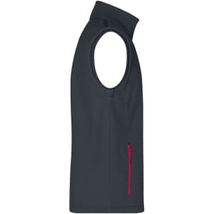 A men's softshell vest in dark grey with a red zip pocket, featuring an open arm design and high collar.