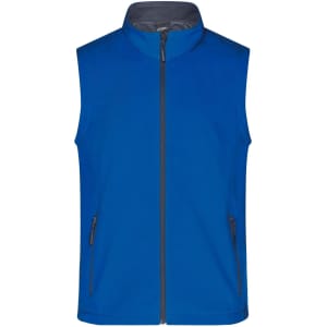 A blue softshell vest featuring a zip front and side pockets, with a branding logo on the chest.