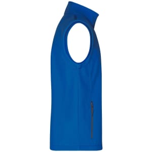 A men's softshell vest in vibrant blue, featuring a sleeveless design and a side zipper pocket.