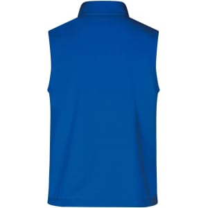 A blue men's softshell vest with a collar and no sleeves, featuring a logo on the back.