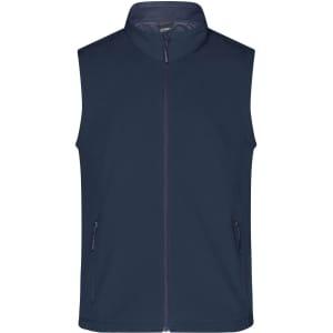 A navy softshell vest featuring a zip front and two side pockets, with a logo on the chest.