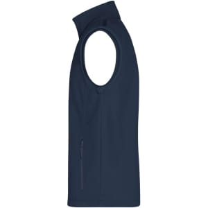 A navy blue softshell vest with a high collar and side zip pocket, featuring a logo.