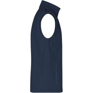 A navy blue softshell vest with a high collar and a side zippered pocket, featuring a logo.