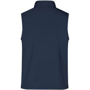 A navy men's softshell vest with a high collar, featuring a logo on the back.