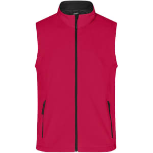 A red softshell vest with a high collar and zippered pockets, featuring a logo on the chest.