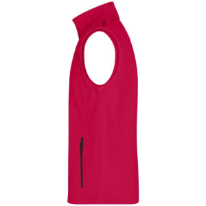 A red men's softshell vest featuring a zip pocket and a high collar design. It has a sleek, sleeveless style.