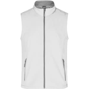 A softshell vest in white with a grey zipper and side pockets, featuring a logo on the front.