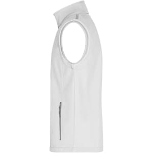 A white men's softshell vest featuring a zippered pocket and a high collar, with a branding logo on it.
