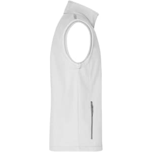 A white men's softshell vest featuring a zippered pocket and a high collar. It has a branding logo.