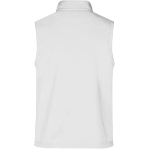 A white softshell vest with a collar and no sleeves, featuring a logo on the back.