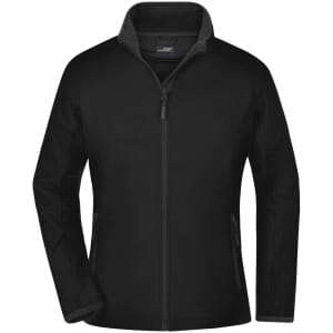 A black softshell jacket with a zip and two side pockets, featuring a grey collar and a logo.