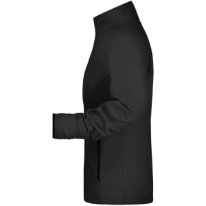 A softshell jacket in black, featuring a sleek design and a side profile view. It includes a logo.