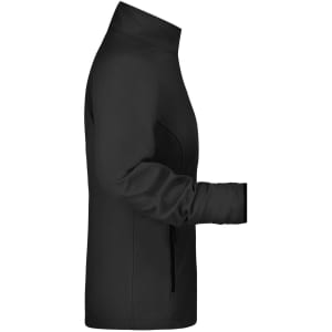 A black ladies softshell jacket featuring a high collar and zippered pockets, with an emblemed logo.