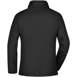 A black ladies softshell jacket featuring a collar and long sleeves, with a logo on the back.