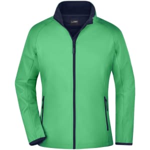 A green softshell jacket with a navy collar and zippers, featuring side pockets and a logo.
