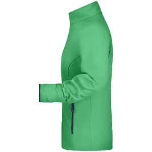 A green ladies softshell jacket with a high collar and a side zip pocket, featuring a logo.