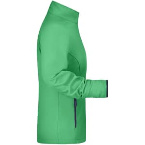 A green ladies softshell jacket with a high collar and side pockets, featuring a logo.