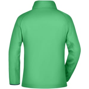 A green softshell jacket with a high collar and long sleeves, featuring a logo on the back.
