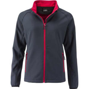 A softshell jacket featuring a navy exterior and pink accents, with a zip front and side pockets.