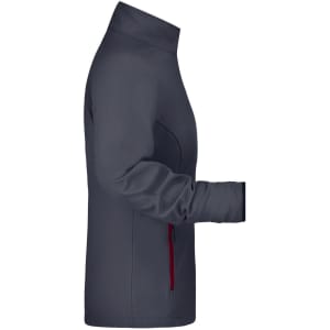 A dark grey softshell jacket with a high collar and side pockets. Includes a logo detail.