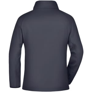 A grey ladies' softshell jacket featuring a high collar and a logo on the back.