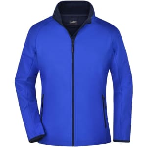 A blue softshell jacket with a zip front, two side pockets, and a collar. It features a logo on the chest.