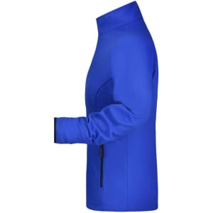 A blue ladies softshell jacket with a high collar and zippered side pockets, featuring a branding logo.