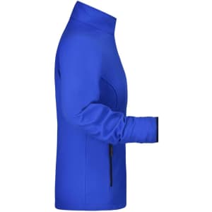 A blue softshell jacket with a zippered pocket and a high neck design, featuring branding.